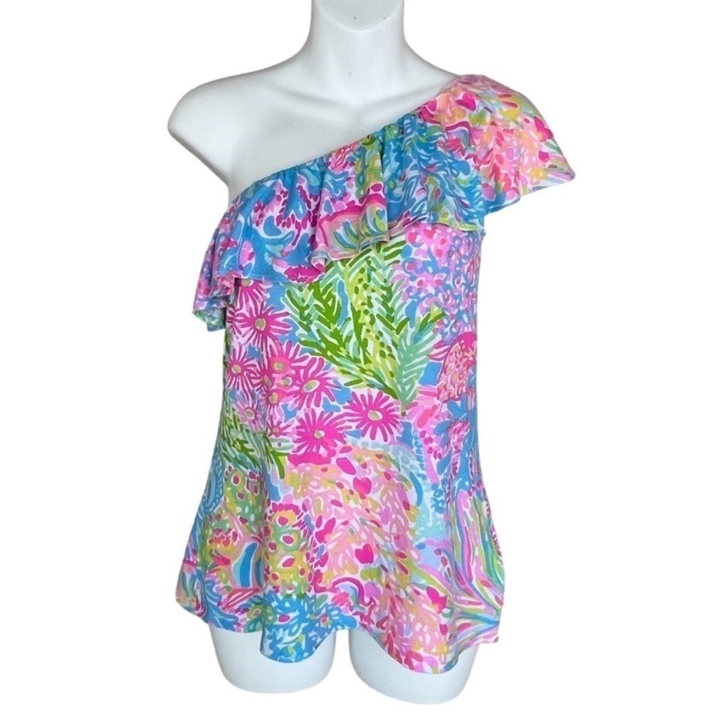 Lilly Pulitzer SeaSpray Blue Lovers Coral Print One Shoulder Neveah Top XS - Picture 3 of 8